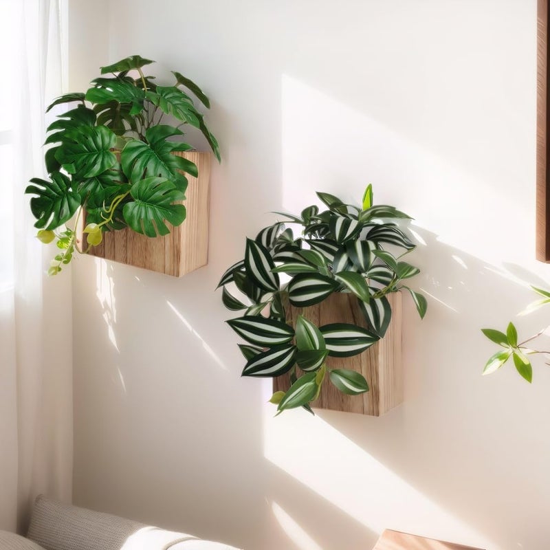 woyoo Wood Wall Planter Vase with Artificial Plants Wall Decor, Small Wall Hanging Greenery Fake Plant Decor Indoor for Living Room Bedroom Bathroom Kitchen Office(Natural) - Image 1